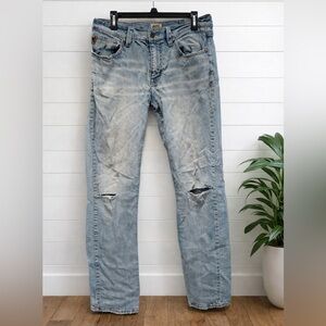 💙👉🔥Men’s Moonshine 120 Proof Slim Straight Jeans 34x36 Distressed Light Wash